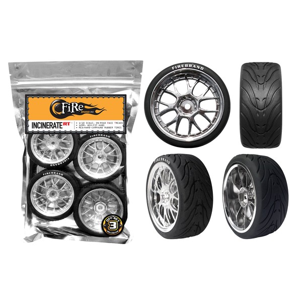FireBrand RC • "Incinerate-RT" On-road RACE wheels and FireFang Treaded RACE tires, Ice-Chrome (Directional, Set of 4 – Pre-Glued) 1:10 Scale RC Wheels