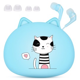 QearFun Cat Earbuds for Kids, Kawakii Wired Earbud & in-Ear Headphones Gift for School Girls and Boys with Microphone and Lovely Earphones Storage Case(Blue)