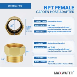 Max Water 3/4” GHT Female x 3/4” NPT Male Connector, GHT to NPT Adapter Brass Fitting, Garden Hose Adapter, Industrial Metal Brass Garden Hose to Pipe Fittings Connect