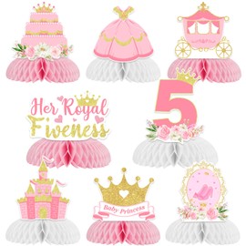 Funmemoir Her Royal Fiveness Birthday Decorations 8pcs Princess 5th Birthday Honeycomb Centerpieces Castle Crown Carriage Honeycomb Table Decorations for Girls Princess Party Decorations 5 Year Old