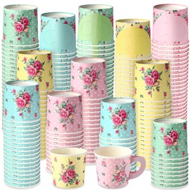 Jingmore 200 Floral Paper Tea Cups Disposable Tea Party Supplies 10 oz Floral Treat Teacup with Handle for Hot Cold Drink Birthday Baby Shower Bridal Wedding Decorations