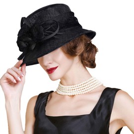 F FADVES Sinamay Cloche Bucket Hat for Women Fascinators Floral Church Wedding Kentucky Derby Black