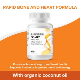Dr Nutrition 360 Dr Nutrition 360 Vitamin D3 + K2 in Organic Coconut Oil, Vitamin K2 MK7 + D3 (1000IU), Rapid Bone and Heart Health Formula, Helps Absorb and Utilize Calcium, Supports Immunity, Improves Mood - 120 Softgels