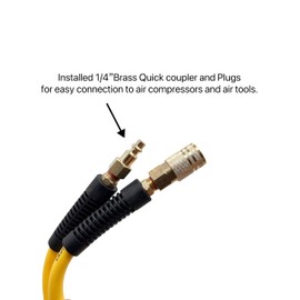 SYXQT Hybrid Air Hose 1/4-Inch x 50FT，Air Compressor Hose 300 PSI Heavy Duty, Lightweight, Kink Resistant, All-Weather Flexibility with 1/4-Inch Industrial Air Fittings and Bend Restrictors,Yellow
