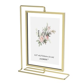 ZUOMIDIE Tabletop Photo Frame with Cover and Free Spinning Stand, Picture Frame Glass Photo Frame Gold Geometric Ornament Vertical Decor Artwork Picture Display (Gold)
