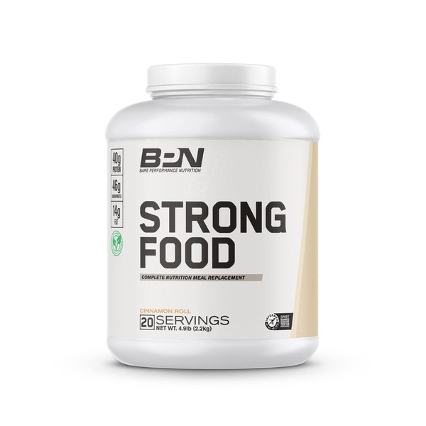 Bare Performance Nutrition Strong Food Complete Nutrition Meal Replacement, Fuel Performance & Maximize Recovery with Protein, Carbohydrates, & Healthy Fats, Cinnamon Roll, 20 servings