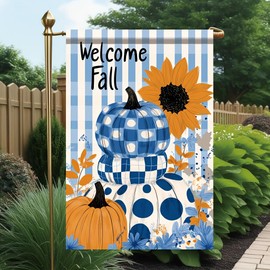 Tomhong Welcome Fall Pumpkin Garden Flag 12x18 Inch Double Sided for Outside Blue Plaid Pumpkins with Sunflower Yard Banner for Outdoor Lawn Patio Porch Autumn Harvest Thanksgiving Decor