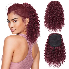 LOSMOEER Ponytail Extension 10 Inch Drawstring Ponytail Hair Extensions for Women Burgundy Wine Red Short Kinky Curly Ponytail Fake Hairpiece Daily Party Use