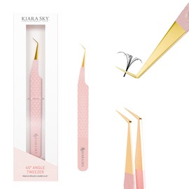 KIARA SKY LASH Tweezer for Eyelash Extensions | Precision Fiber Tip Grip | Volume, Mega Volume, and Lash Removal Fills | Comfortable Ergonomic Design | Pink and Gold, 45° ANGLE TWEEZER