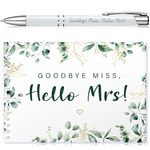 Tenare Goodbye Miss Hello Mrs Hen Party Guest Book and Keepsake Pen Hen Party Gift Accessories Kiss the Miss Goodbye Greenery Hen Night Gifts Bride Advice Book with Pen for Wedding Bridal Shower