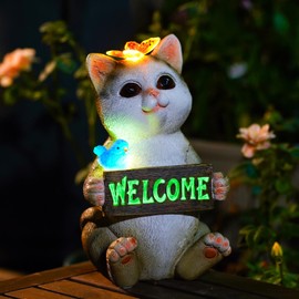 Acgarten Solar Welcome Cat Statue for Outdoor Decor: Outside Garden Sculptures for Ornament Art Patio Balcony Yard Lawn for Lover Mom Women Grandma