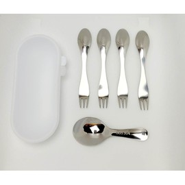 Stainless Steel 2 in 1 Spoon and Fork Set for 6 Piece, (4 Piece 2 in 1 Spoon Fork and 1 Large Short Handle Spoon, 1 Carrying Case)