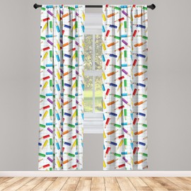 Lunarable Cartoon Window Curtains, Colorful Pencils on Checkered Board Creativity Art Image, Lightweight Decor 2-Panel Set with Rod Pocket, Pair of - 28" x 63", Blue Green