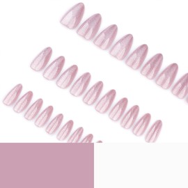 24 Pcs Spring Pink Press on Nails Short Almond,YEFIUO Cat's Eye French Nail Tips Fake Nails Press ons Acrylic Nail Kit Glitter Glossy Design Nail Art Glue on Nails Full Cover False Nails for Women