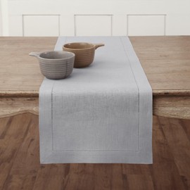 Solino Home Soft Grey Table Runner 132 Inches Long - 100% Pure Linen Extra Long Table Runner 14 x 132 Inch for Spring, Father's Day, Summer - Classic Hemstitch