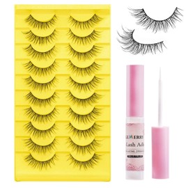 GEMERRY Natural Lashes Kit Wispy Lashes with Clear Lash Glue False Eyelashes Look Like Extensions False Lashes Natural Flared Eyelashes Soft Fluffy Lashes Faux Cils Strip Lashes 10 Pairs A01+Glue