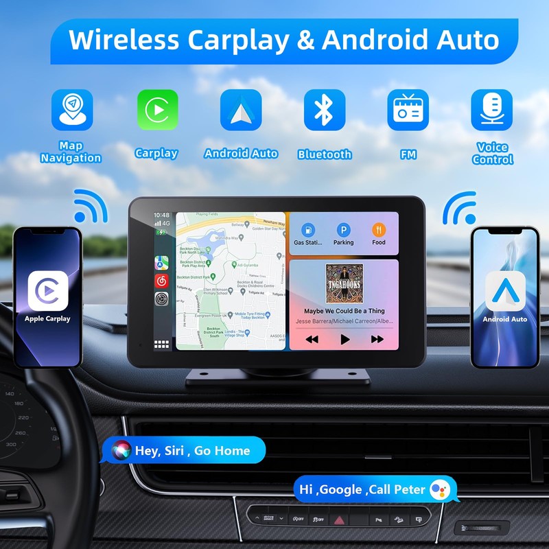 VUKARUAL Wireless Carplay and Android Auto Screen for Car, 7"