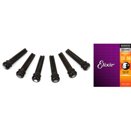 Taylor Ebony Bridge Pins with Abalone Dots + Elixir Strings 11102 Nanoweb 80/20 Acoustic Guitar Strings - .013-.056 Medi