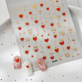 Moon Star Nail Stickers for Nail Art 5D Embossed Heart Nail Decals Red Gold Nail Stickers with Rhinestone Design Gold Red Nail Art Supplies Decoration Accessories for Women and Girls