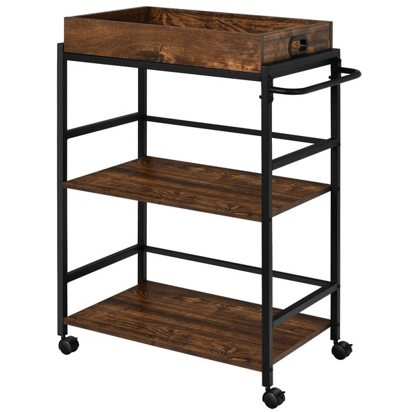 Giantex Kitchen Island Cart, Industrial Bar Cart on Wheels, Rolling Kitchen Service Carts, Removable Top, Handle Rack, Wood Trolley Utility Cart, 3 Tier Storage Shelves, Metal Frame (Rustic Brown)