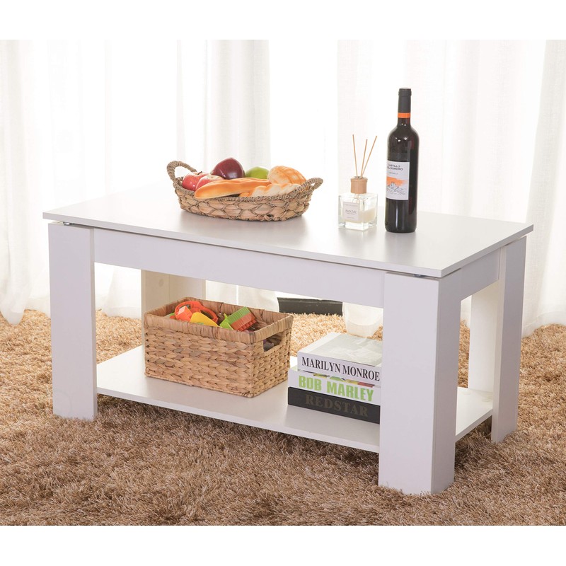 Basicwise Modern Wood Coffee Table with Lift Tabletop, White