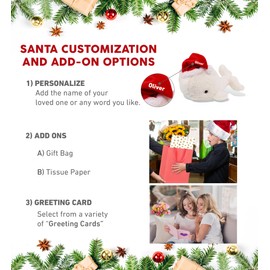 DolliBu Santa Large White Whale Stuffed Animal Plush Toy - Super Soft Sea Animal Dress Up with Red Santa Claus Hat, Ocean Life Whale Gift, Holiday Chirstmas Gift with Name Personalization - 13 Inches