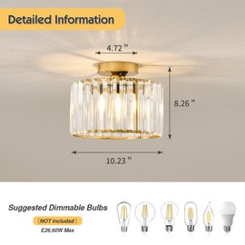 Motion Sensor Semi Flush Mount Ceiling Light Gold Crystal Ceiling Light Metal Close to Ceiling Lamp for Hallway Kitchen Living Room Bathroom Entryway Bedroom Closet
