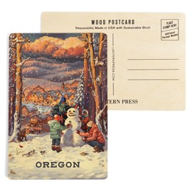 Oregon, Merry and Bright, Vintage Snowman (4x6 Birch Wood Postcards, 2-Pack Stationary, Rustic Home Wall Decor)