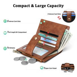 GAEKEAO Small Wallet for Women Leather Bifold RFID Blocking Slim Credit Card Holder Multi Card Case Zipper Coin Pocket with ID Window