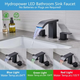 LED Light Black Waterfall Bathroom Faucet 3 Holes - 8Inch Widespread Bathroom Sink Faucet | Two Handles Lavatory Vanity Sink Faucets with Pop-up Drain Assembly & Supply Lines