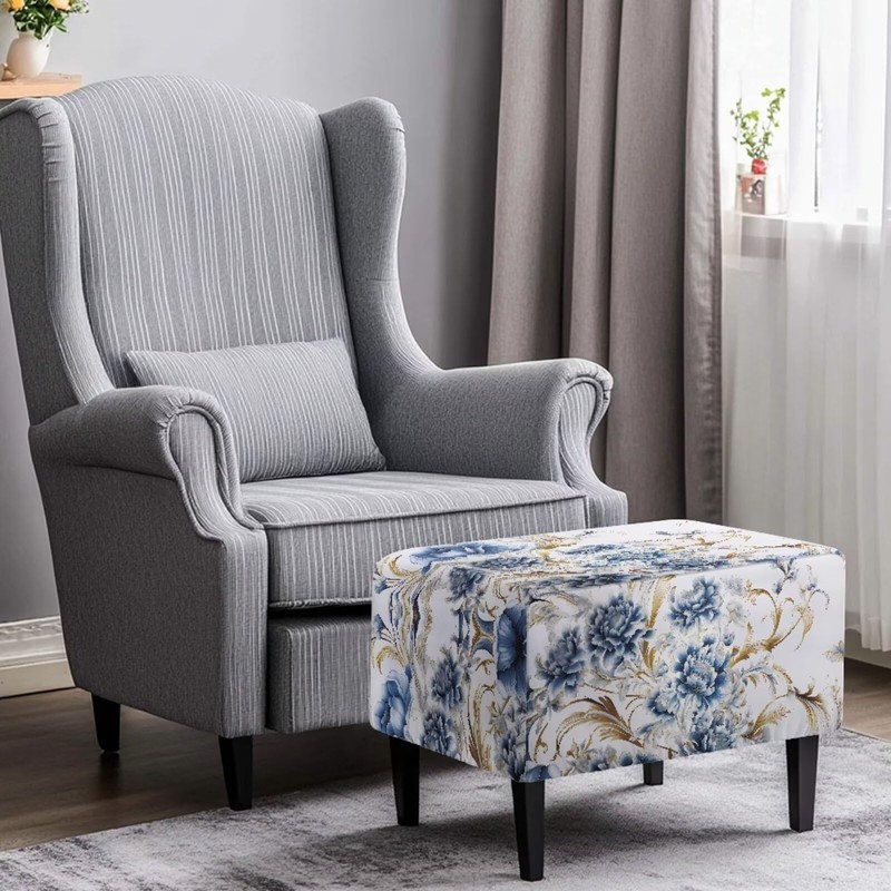 Cugasmaru Blue Flower Ottoman Cover Rectangular Stretch Footrest Stool Cover