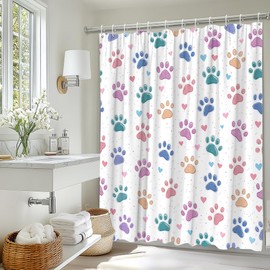 JEJOMEAG Dog Paw Shower Curtain Cute Colorful Paws Print Pet Fabric Bathroom Decor Curtain with Hooks, 70Wx70H
