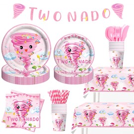 Party Inspo Tornado 2nd Birthday Party Decorations Girl – 163PCs Two Nado Birthday Supplies Tableware Set with Plates, Napkins, Forks, Cups Banner, Tablecloth for Pink 2 Year Old Girl Party