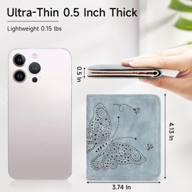 KITEVIUN Wallets for Women RFID Blocking Slim Bifold Womens Wallet Mini Compact with Zipper Butterfly Design Wallet Women Blue