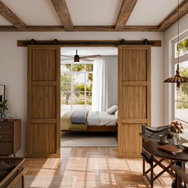 CCJH 12FT Sliding Barn Door Hardware Kit, Heavy Duty, Smoothly and Silently, Easy to Install, Fit 36" Width Double Door Panel, T-Shaped Style Black