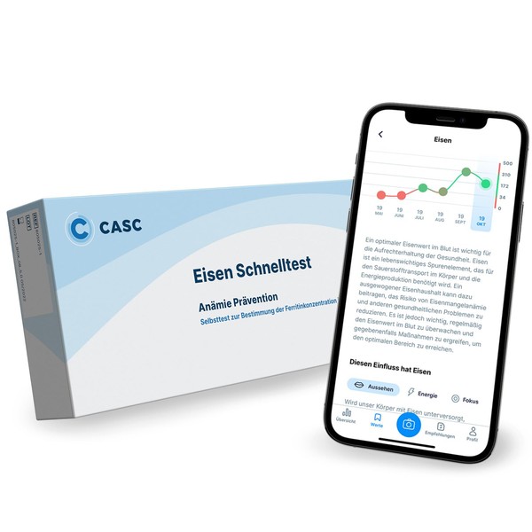 CASC Iron Test, Iron Deficiency Self Test with App, Blood Test without Laboratory, Test Result in 15 Minutes, Ferritin Self Test as a Blood Test for Home