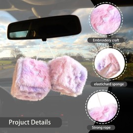 Pair 3” Colorful Heart Embroidered Fuzzy Plush Dice, Soft Plush Car Decoration Hanging Ornaments, Couple Car Decorative Vintage Accessories for Rearview Mirror Decorations(Colorful Purple)