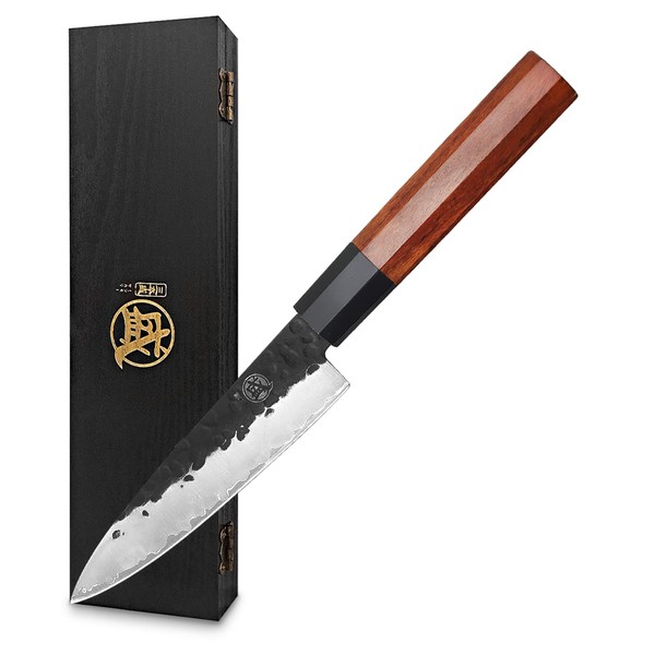 MITSUMOTO SAKARI 14 cm Hand-Forged Vegetable Knife, Japanese Kitchen Knife Professional, Small Chef's Knife (Rosewood Handle & Gift Box)
