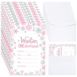25 Pcs Winter Onederland Birthday Party Invitations with Envelopes First Birthday Decorations Winter Snowflakes Silver Pink Invitations for Holiday Winter 1st Birthday Party Supplies, 4 x 6 Inch