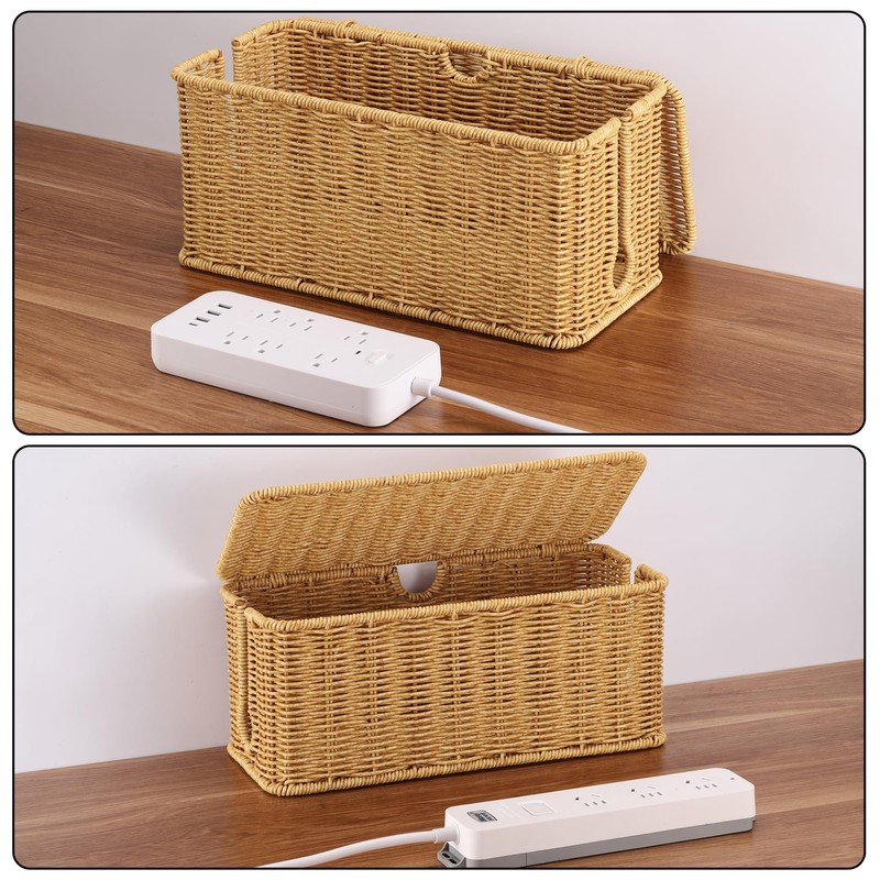 2Pack Large Cable Management Box, Handwoven Imitation Rattan Cord Organizer