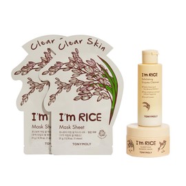 TONYMOLY I'm Rice Clarifying Skincare Set – 3-Step Face Care for Clear, Hydrated Skin – Includes Enzyme Powder Cleanser, Blemish Mask & Brightening Sheet Masks – Gentle Exfoliation & Oil Control