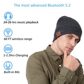 beanie Bluetooth, MUSICBEE Bluetooth V5.2 Wireless Knit Winter Cap, 24 Hour Play time, Built-in Microphone and HD Stereo Speakers(Charcoal