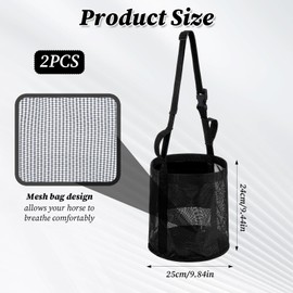 PercyEffie 2 Pcs Horse Feed Bag Heavy Duty Nylon Mesh Feeder with Adjustable Strap Comfort Neck Pad Nose Pad Waterproof Bottom Black Medium