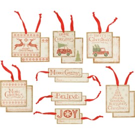 Primitives By Kathy 3.50 Inches x 3 Inches Fabric Paper Wooden Tags - Christmas Gift
