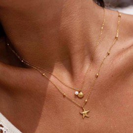 YANCHUN Shell Starfish Necklace Layer Charm Necklace for Women Boho Summer Seashell Beach Starfish Necklaces Beach Vacation Essentials