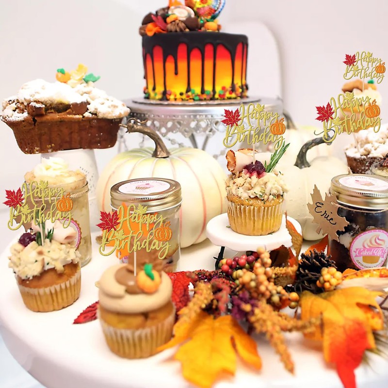 24 PCS Pumpkin Happy Birthday Cupcake Toppers Glitter Maple Leaf