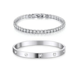 Simllyda 18K Gold Stainless Steel Bracelet Gold Women's Bracelets Women's Jewellery 2 Pieces Bracelet for Women 6 mm Wide 17/19 cm Bracelets Jewellery Gift Silver Gold for Mum Friend Daughter,