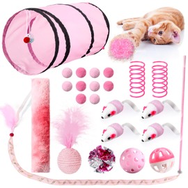 Foilswirl 24 Pcs Cat Toys Set Interactive Kitten Toys Pack Including Collapsible Play Tunnel Feather Teaser Wand Fuzzy Ball Springs Pillow Mouse Bells for Indoor Cats Puppy (Pink)