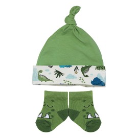 Metzuyan Baby Boys Hat and Socks Set Dino Dinosaur Green Gift Present Idea Size 0-6