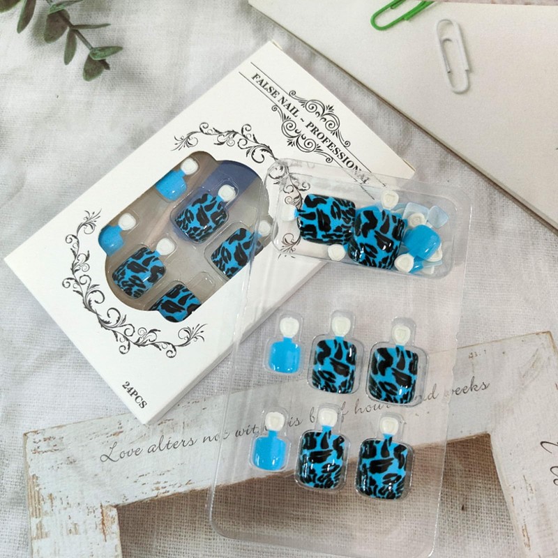 24Pcs Blue Leopard Press on Toenails Short Square Fake Toe